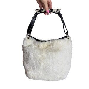 Y2K Castellari Milano White Rabbit Fur Genuine Leather Shoulder Bag Italy
